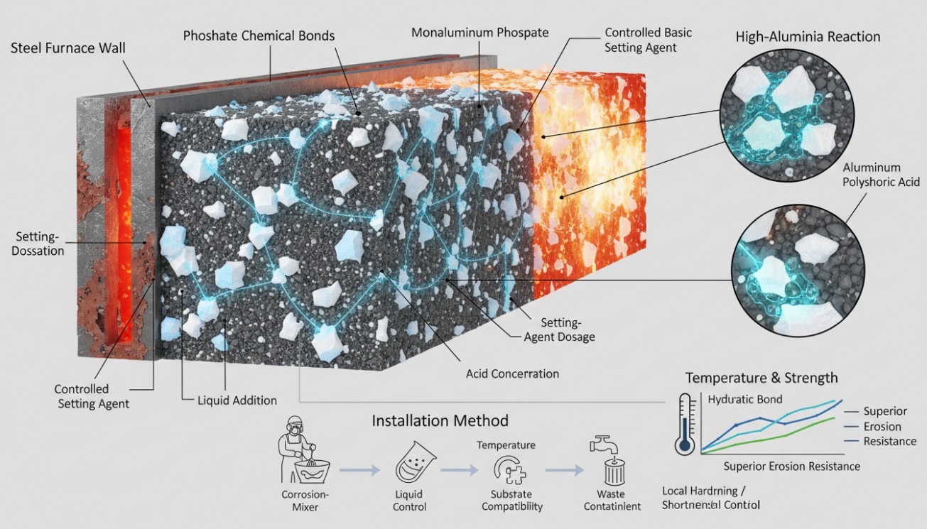 Cross-section of a phosphate-bonded high-alumina refractory system with controlled setting chemistry